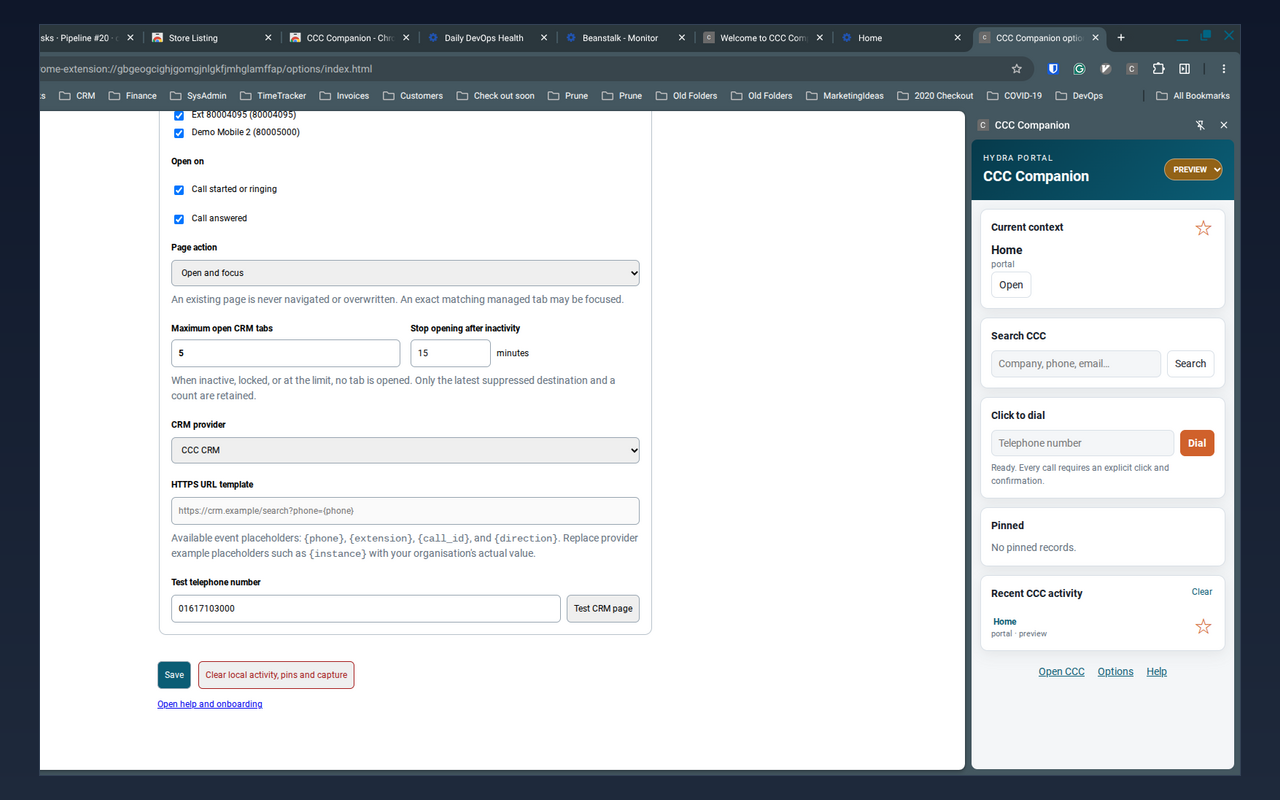 CCC Companion CRM screen-pop action and safety controls