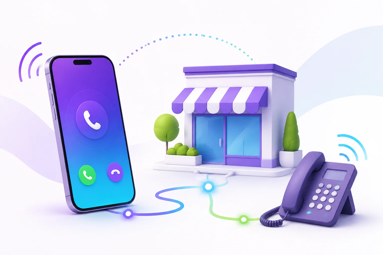 A business call routed between a mobile, a shop and a desk phone